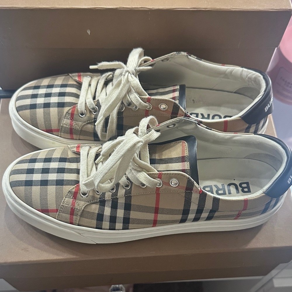 Burberry Men's Plaid Sneakers - Beige, Black, and Red